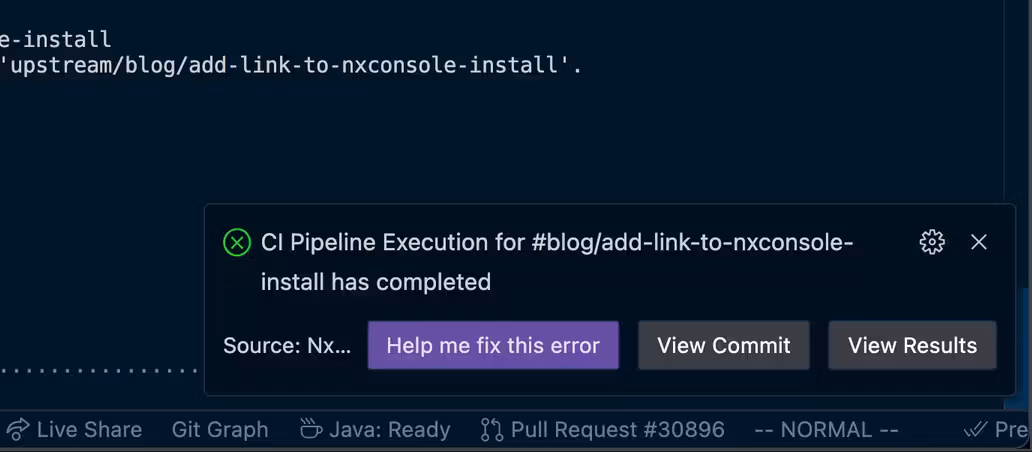Nx Console shows the notification of the CI failure